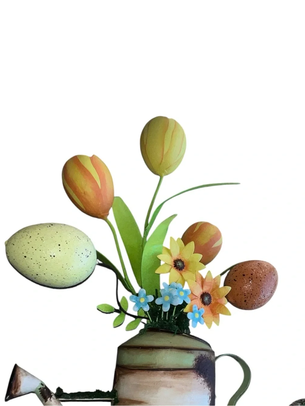 Green Watering Can Floral Accent with Yellow and Orange Blooms